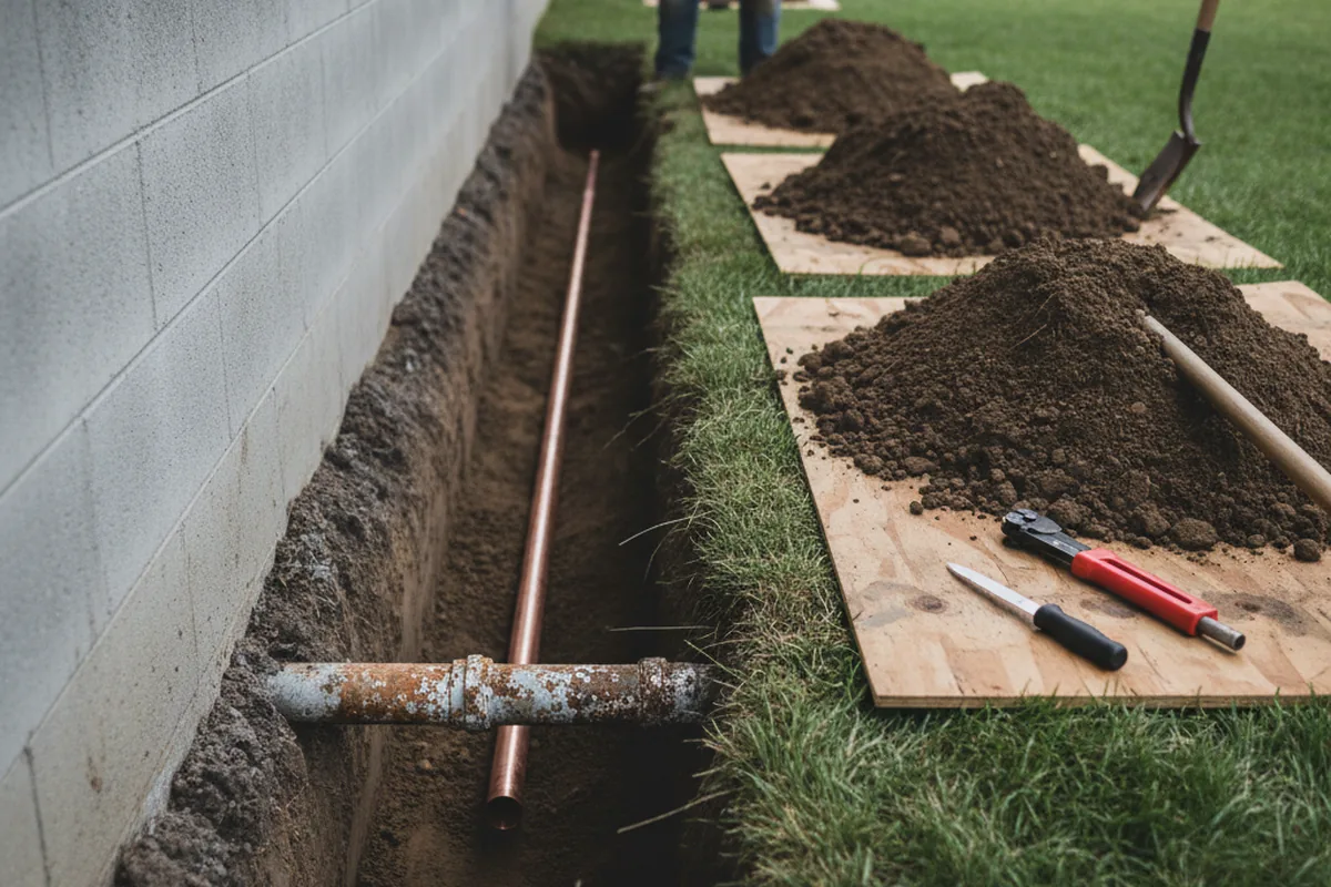 Excavated water line trench during Water Softener Installation in West Creek